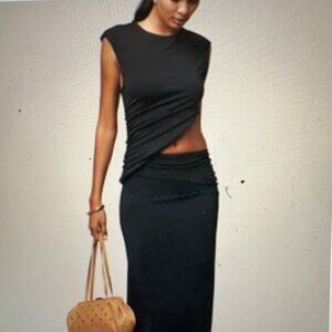 Anthropologie Black Midi Skirt w/ Parially Cropped Sleeveless Top, Sz, $158, NWT